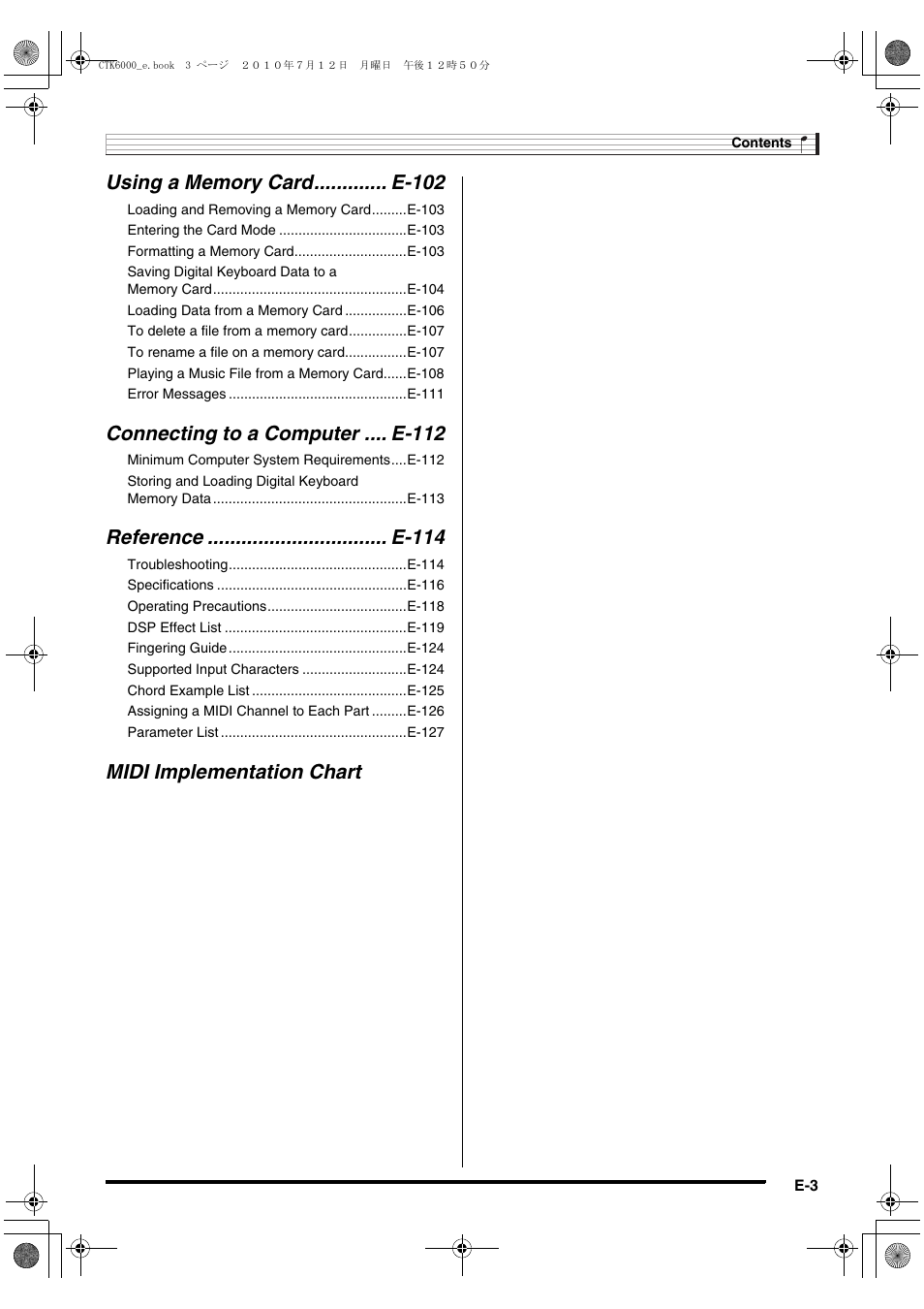 Connecting to a computer .... e-112, Reference ................................ e-114, Midi implementation chart | Casio WK6500E1A User Manual | Page 5 / 132