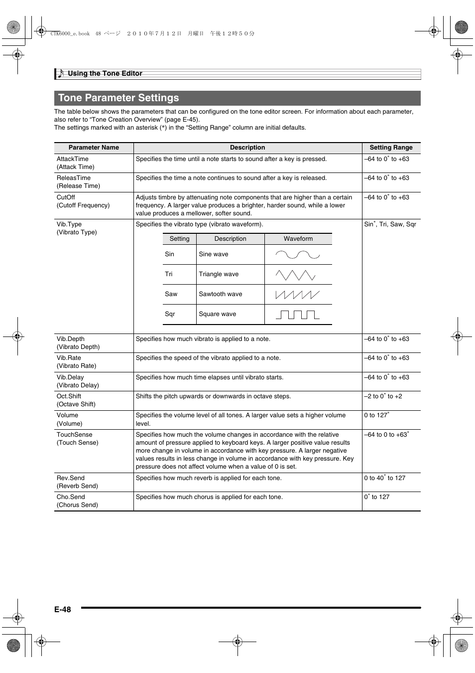 Tone parameter settings, E-48 | Casio WK6500E1A User Manual | Page 50 / 132