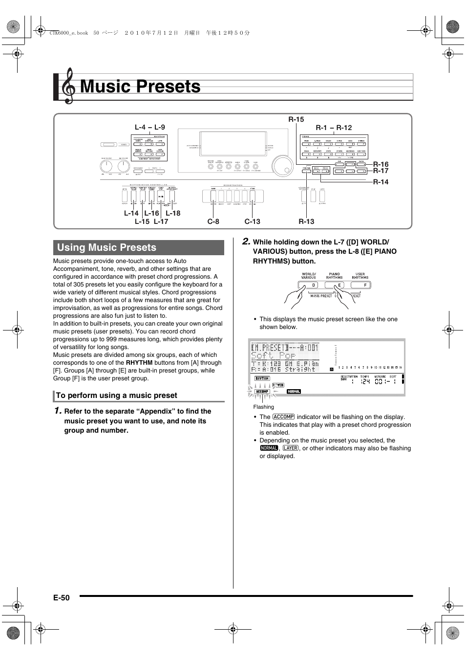 Music presets, Using music presets | Casio WK6500E1A User Manual | Page 52 / 132