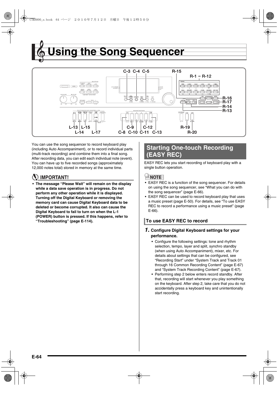 Using the song sequencer, Starting one-touch recording (easy rec) | Casio WK6500E1A User Manual | Page 66 / 132