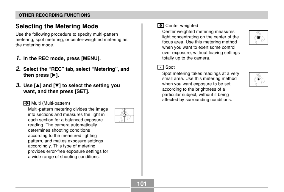 Selecting the metering mode | Casio QV-R61 User Manual | Page 101 / 210