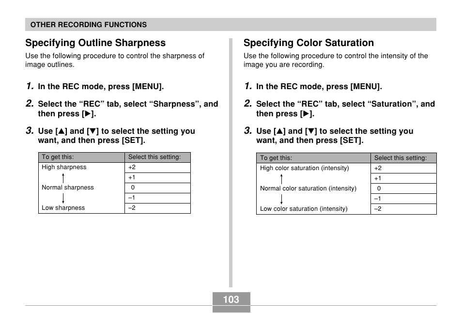 Specifying outline sharpness, Specifying color saturation | Casio QV-R61 User Manual | Page 103 / 210