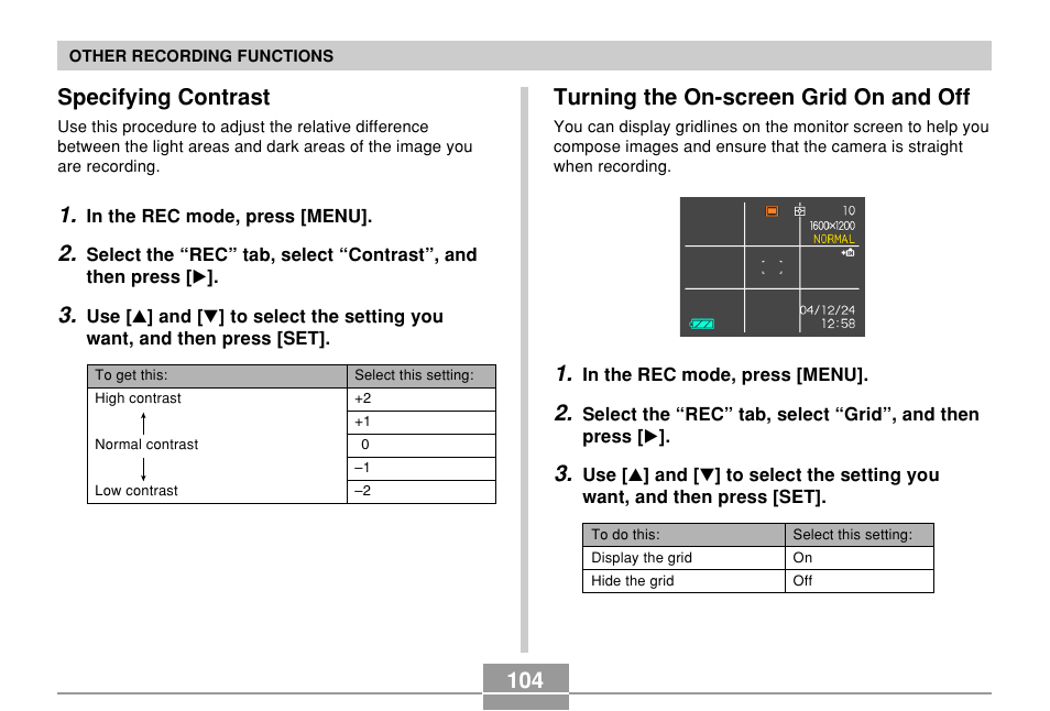 Specifying contrast, Turning the on-screen grid on and off | Casio QV-R61 User Manual | Page 104 / 210