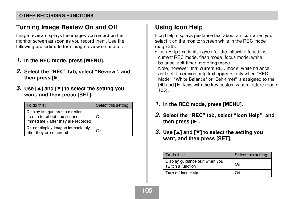 Turning image review on and off, Using icon help | Casio QV-R61 User Manual | Page 105 / 210
