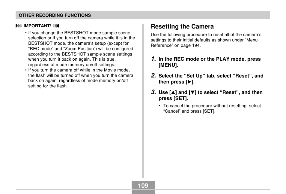 Resetting the camera | Casio QV-R61 User Manual | Page 109 / 210