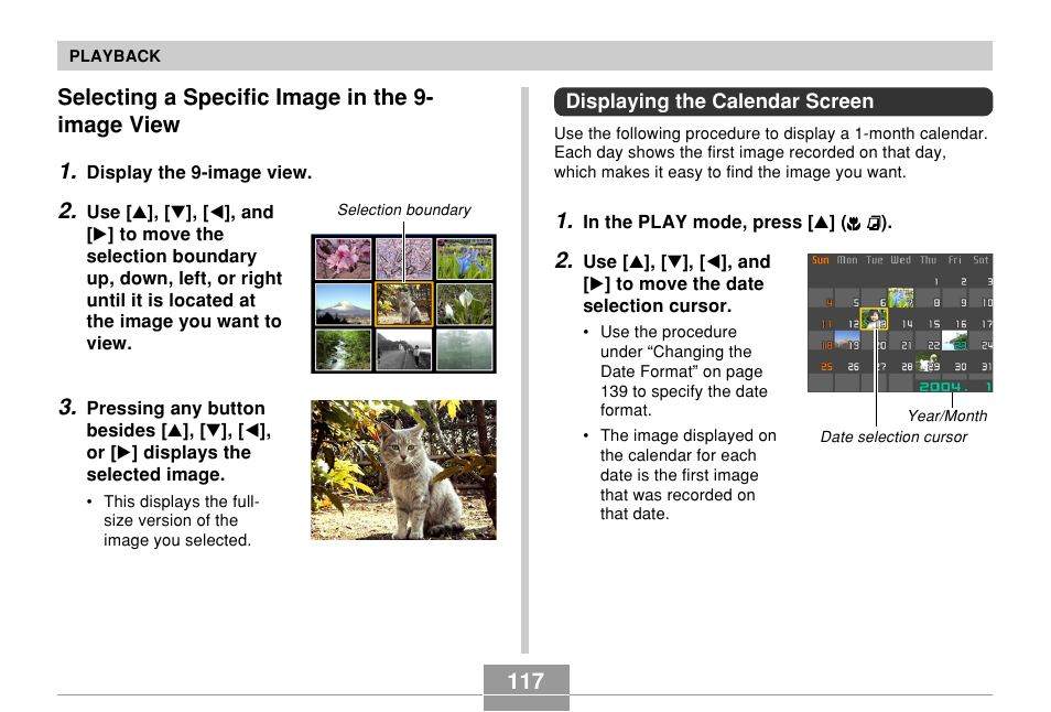 Selecting a specific image in the 9-image view, Displaying the calendar screen, Selecting a specific image in the 9- image view 1 | Casio QV-R61 User Manual | Page 117 / 210
