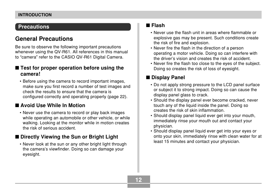 Precautions, General precautions | Casio QV-R61 User Manual | Page 12 / 210