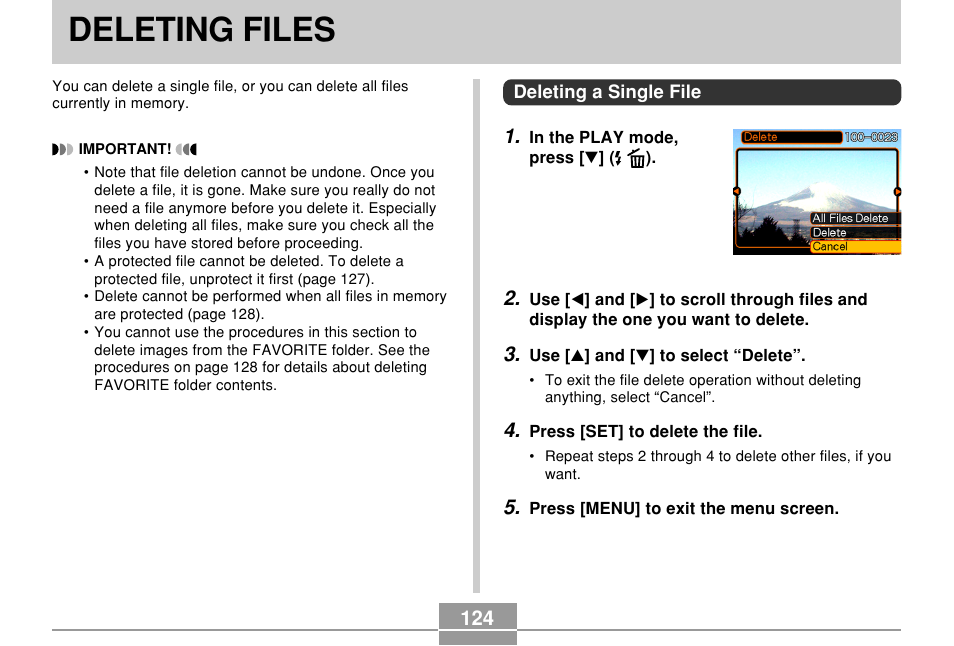 Deleting files, Deleting a single file | Casio QV-R61 User Manual | Page 124 / 210