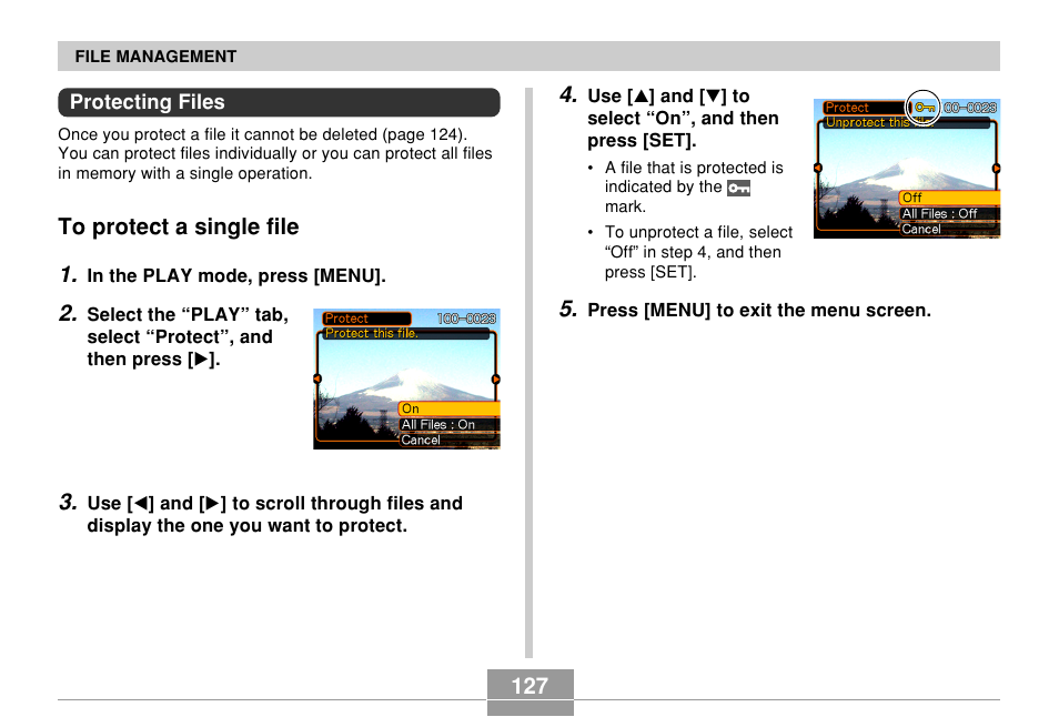 Protecting files, To protect a single file | Casio QV-R61 User Manual | Page 127 / 210