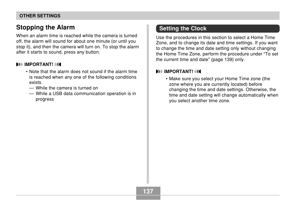 Stopping the alarm, Setting the clock, 137 stopping the alarm | Casio QV-R61 User Manual | Page 137 / 210