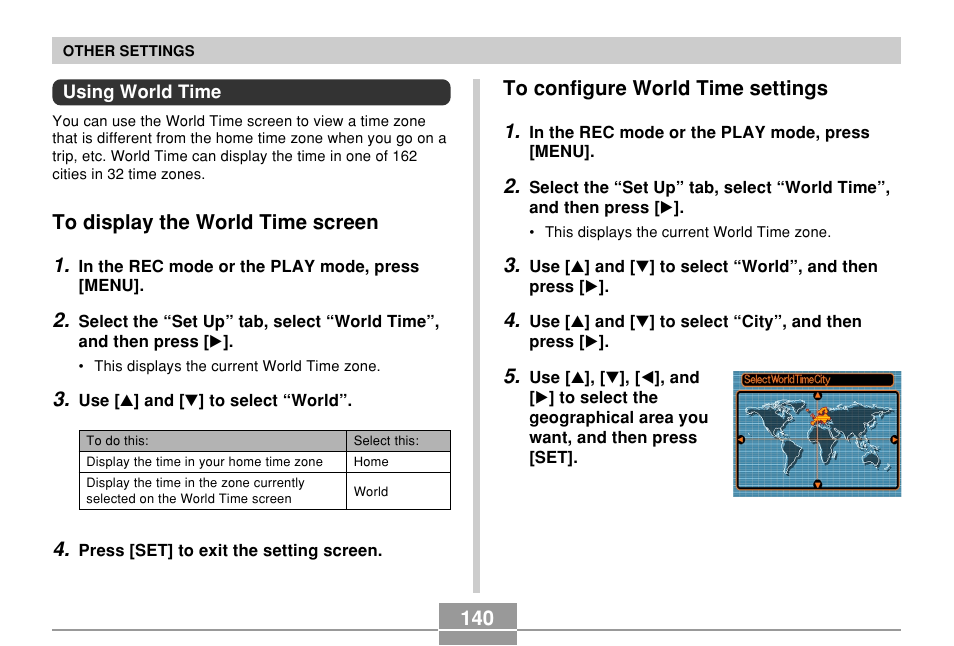 Using world time, To display the world time screen, To configure world time settings | Casio QV-R61 User Manual | Page 140 / 210