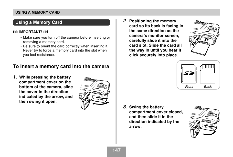 Using a memory card, To insert a memory card into the camera | Casio QV-R61 User Manual | Page 147 / 210