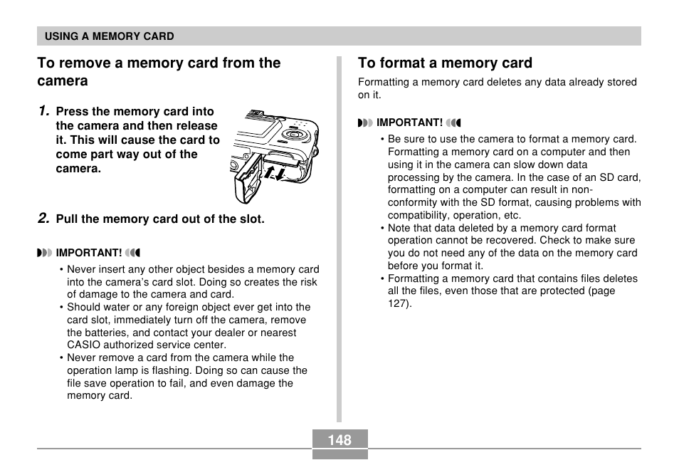 To remove a memory card from the camera, To format a memory card | Casio QV-R61 User Manual | Page 148 / 210