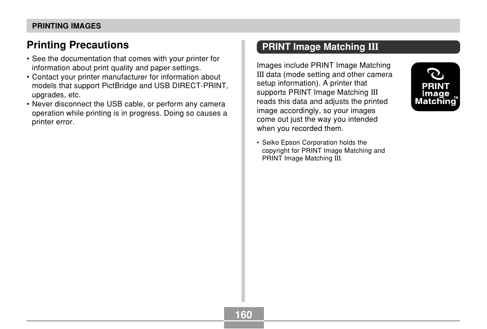 Printing precautions, Print image matching iii, 160 printing precautions | Casio QV-R61 User Manual | Page 160 / 210