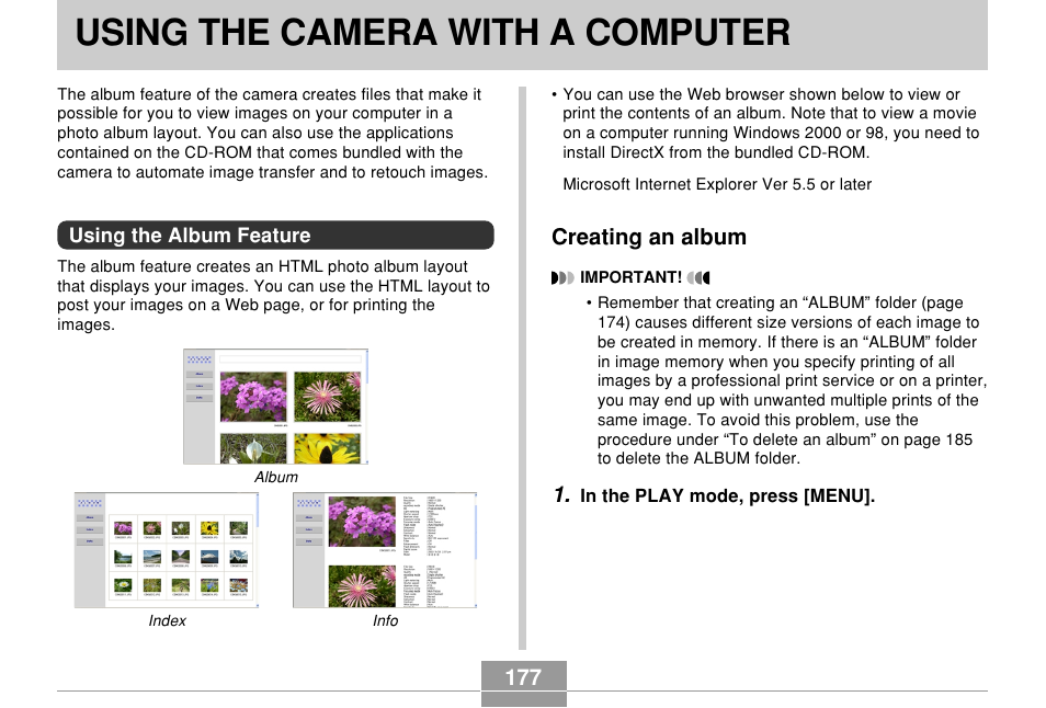 Using the camera with a computer, Using the album feature, Creating an album | 177 creating an album | Casio QV-R61 User Manual | Page 177 / 210