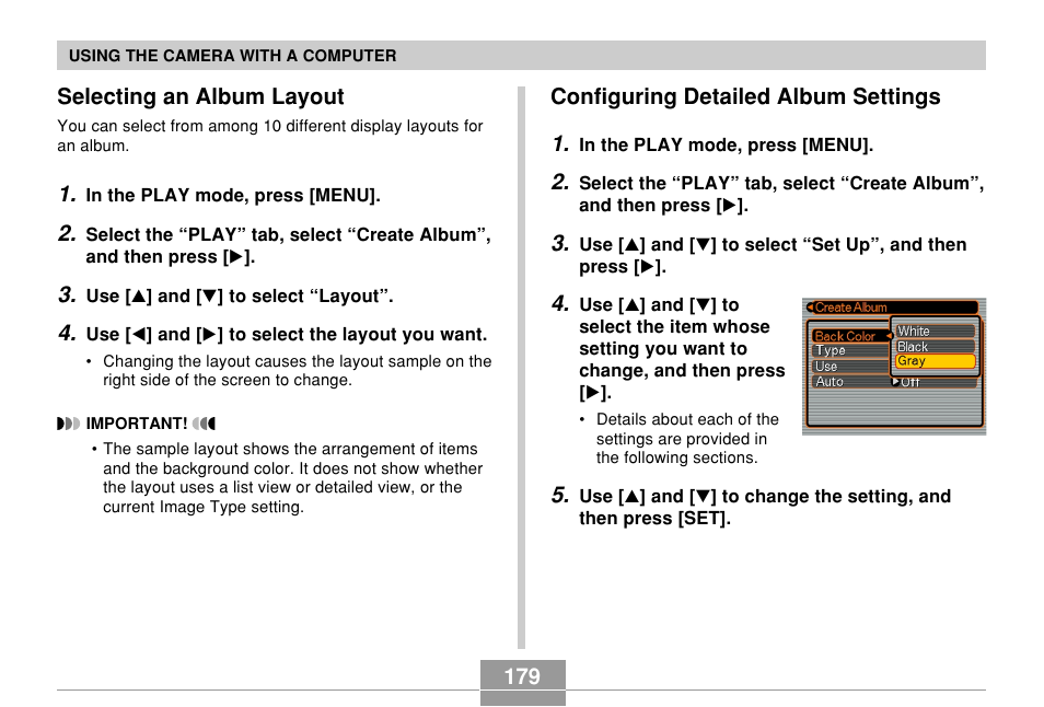 Selecting an album layout, Configuring detailed album settings | Casio QV-R61 User Manual | Page 179 / 210