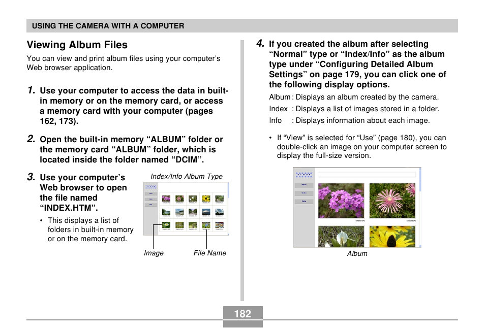Viewing album files, 182 viewing album files | Casio QV-R61 User Manual | Page 182 / 210