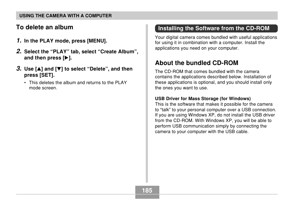 To delete an album, Installing the software from the cd-rom, About the bundled cd-rom | Casio QV-R61 User Manual | Page 185 / 210