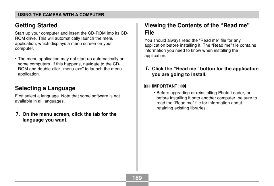 Getting started, Selecting a language, Viewing the contents of the “read me” file | 189 getting started | Casio QV-R61 User Manual | Page 189 / 210