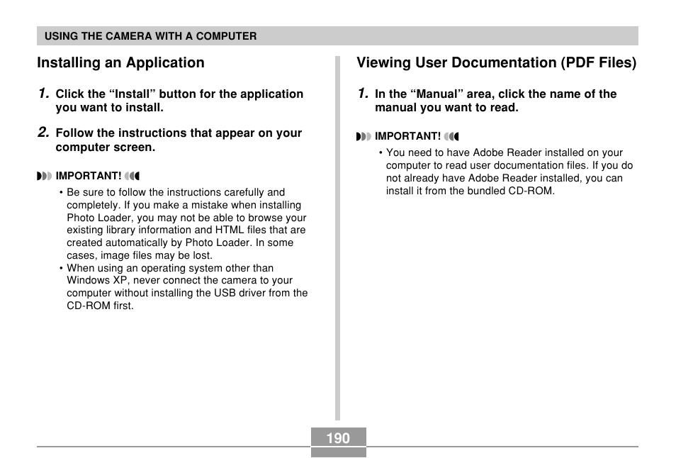 Installing an application, Viewing user documentation (pdf files), 190 installing an application 1 | Viewing user documentation (pdf files) 1 | Casio QV-R61 User Manual | Page 190 / 210
