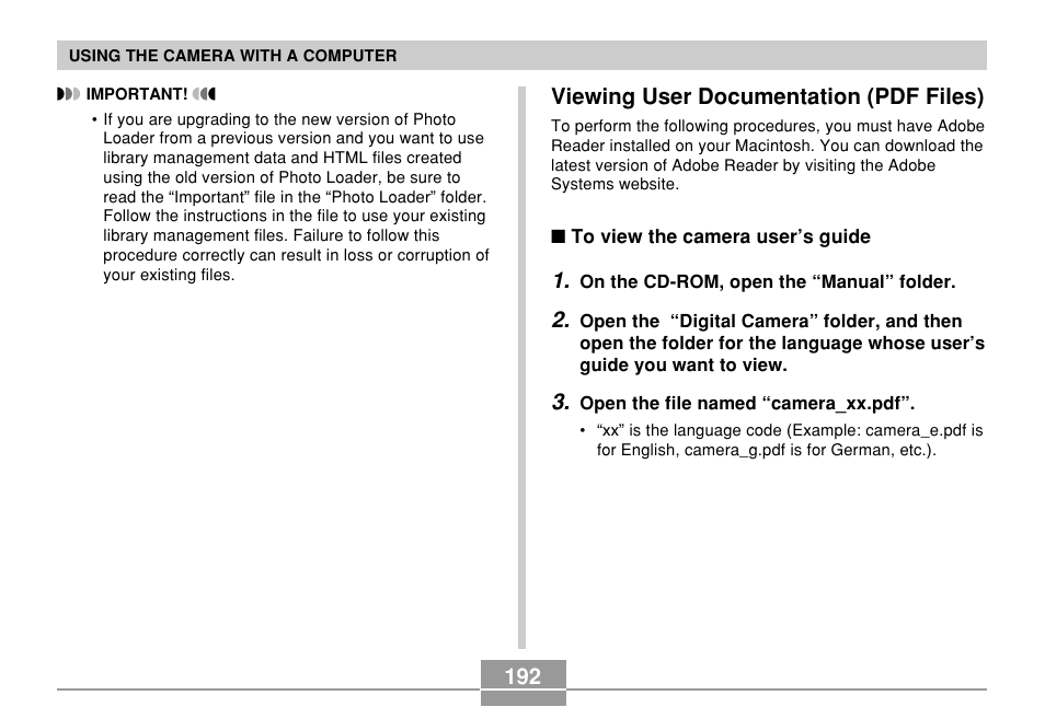 Viewing user documentation (pdf files) | Casio QV-R61 User Manual | Page 192 / 210