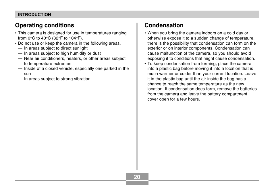 Operating conditions, Condensation, 20 operating conditions | Casio QV-R61 User Manual | Page 20 / 210