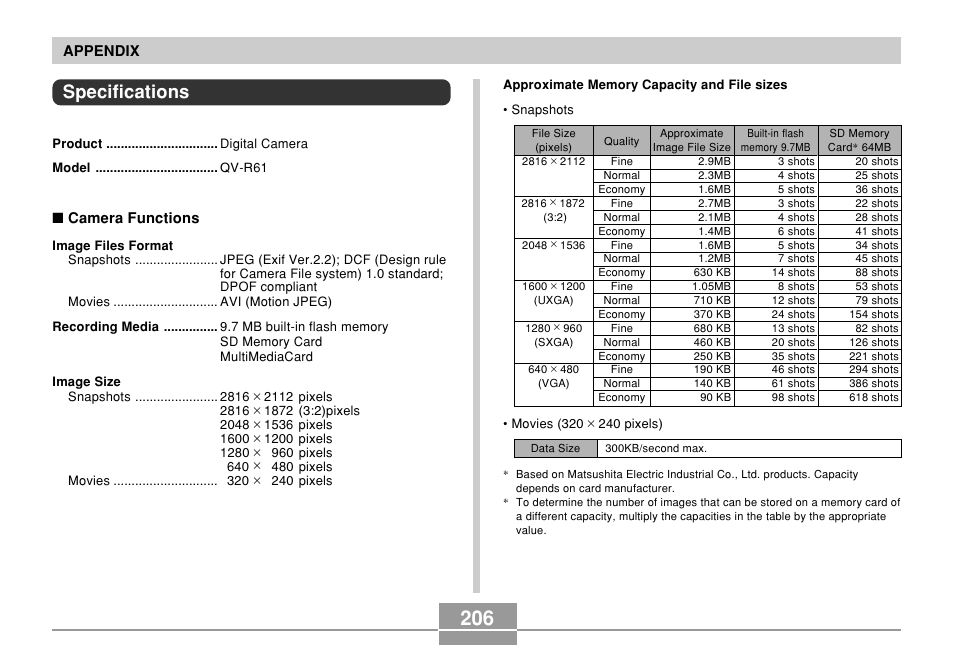Specifications | Casio QV-R61 User Manual | Page 206 / 210