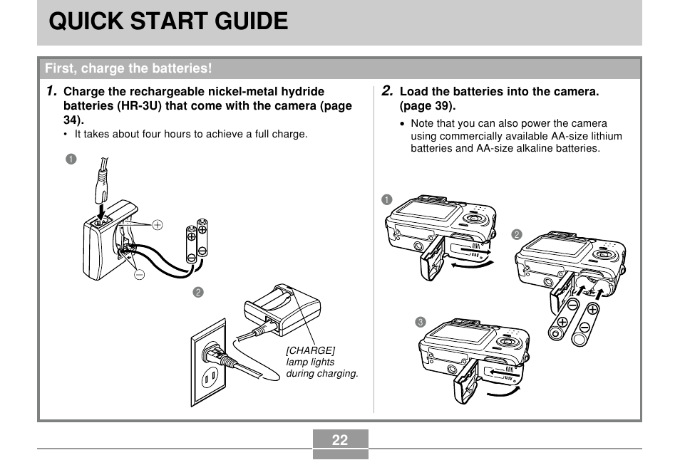 Quick start guide, First, charge the batteries | Casio QV-R61 User Manual | Page 22 / 210
