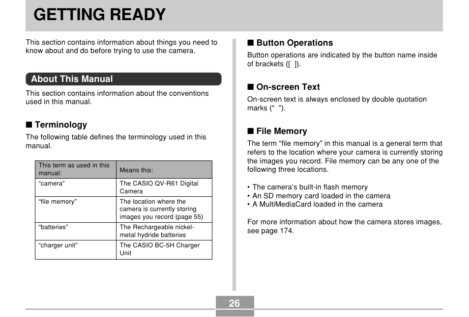 Getting ready, About this manual | Casio QV-R61 User Manual | Page 26 / 210