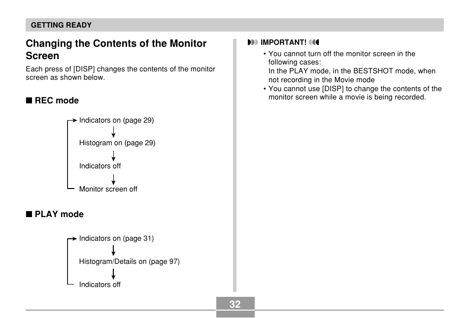 Changing the contents of the monitor screen | Casio QV-R61 User Manual | Page 32 / 210