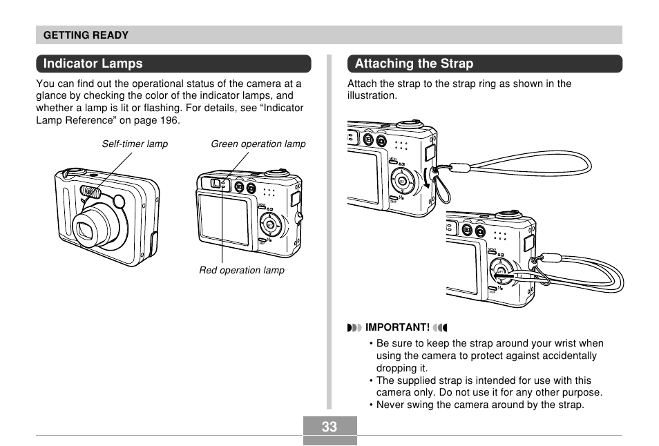 Indicator lamps, Attaching the strap | Casio QV-R61 User Manual | Page 33 / 210