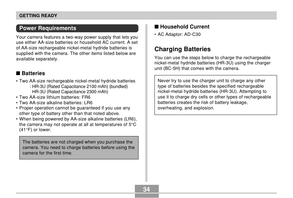 Power requirements, Charging batteries | Casio QV-R61 User Manual | Page 34 / 210