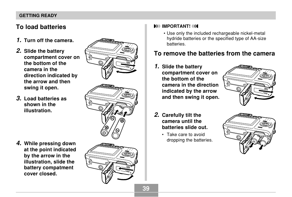 To load batteries, To remove the batteries from the camera | Casio QV-R61 User Manual | Page 39 / 210