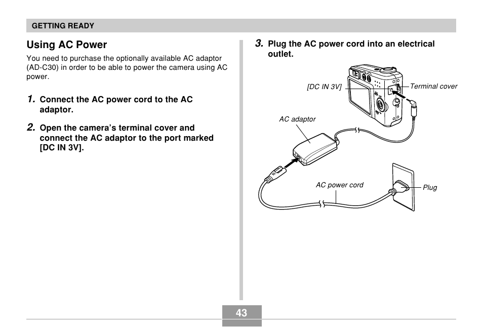 Using ac power, 43 using ac power | Casio QV-R61 User Manual | Page 43 / 210