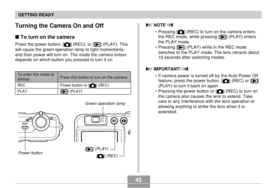 Turning the camera on and off | Casio QV-R61 User Manual | Page 45 / 210