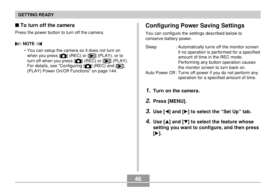Configuring power saving settings, 46 configuring power saving settings | Casio QV-R61 User Manual | Page 46 / 210