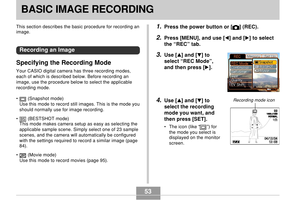 Basic image recording, Recording an image, Specifying the recording mode | Casio QV-R61 User Manual | Page 53 / 210