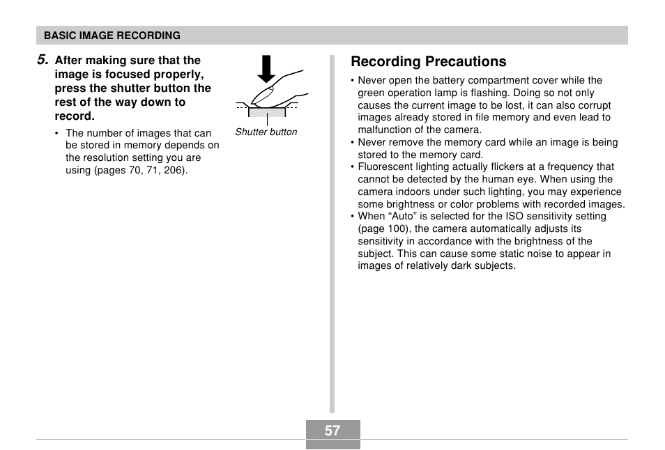 Recording precautions | Casio QV-R61 User Manual | Page 57 / 210