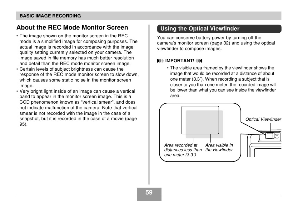 About the rec mode monitor screen, Using the optical viewfinder | Casio QV-R61 User Manual | Page 59 / 210