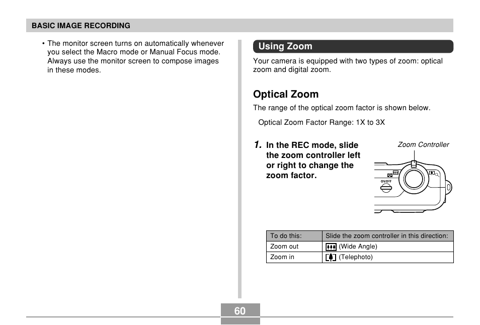 Using zoom, Optical zoom | Casio QV-R61 User Manual | Page 60 / 210