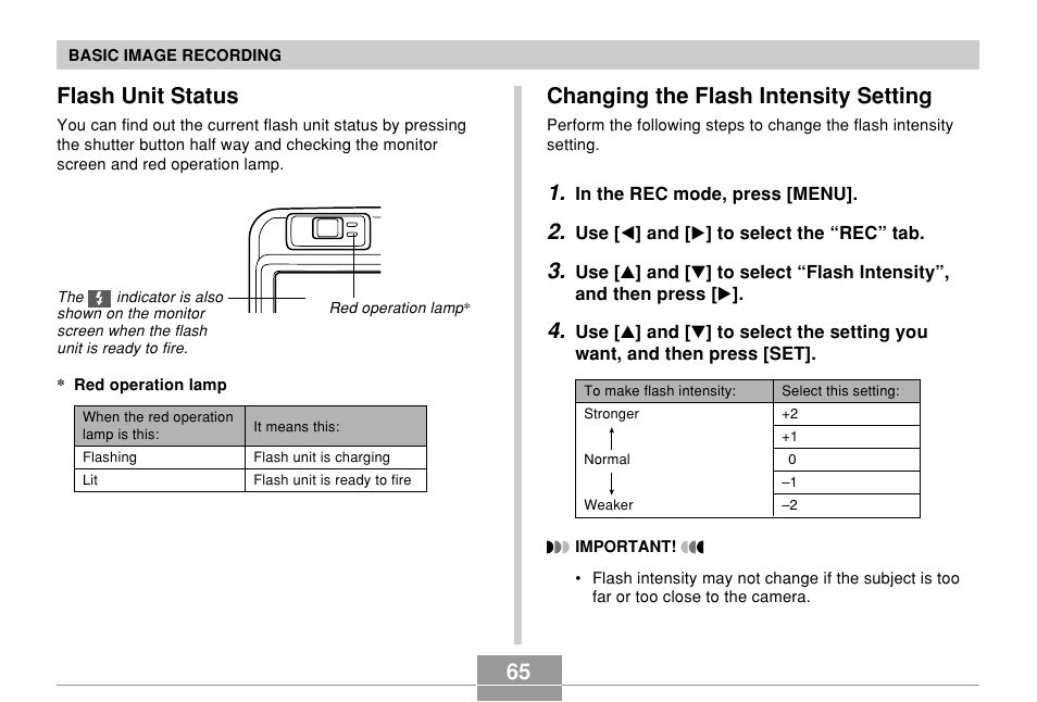 Flash unit status, Changing the flash intensity setting | Casio QV-R61 User Manual | Page 65 / 210