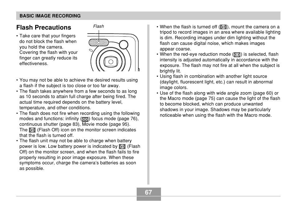 Flash precautions | Casio QV-R61 User Manual | Page 67 / 210