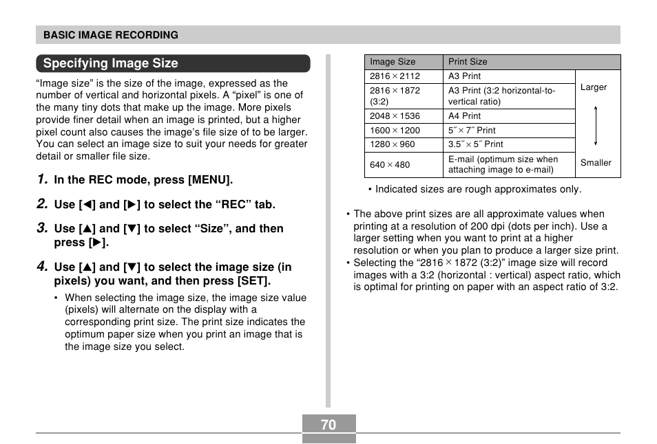 Specifying image size | Casio QV-R61 User Manual | Page 70 / 210