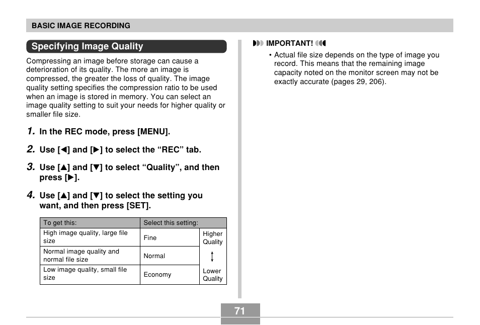 Specifying image quality | Casio QV-R61 User Manual | Page 71 / 210