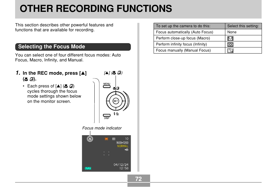 Other recording functions, Selecting the focus mode | Casio QV-R61 User Manual | Page 72 / 210