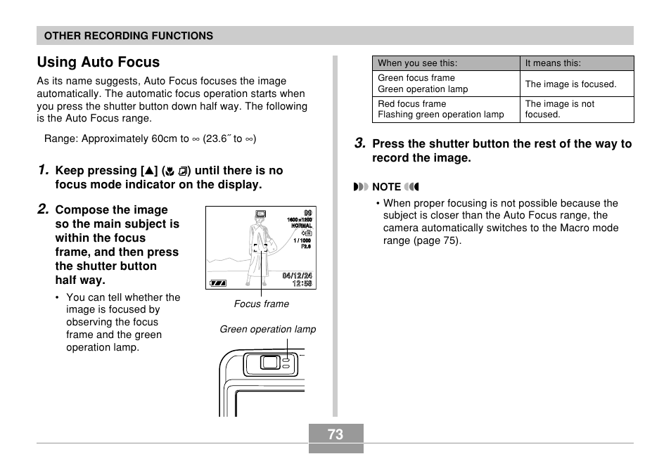 Using auto focus | Casio QV-R61 User Manual | Page 73 / 210