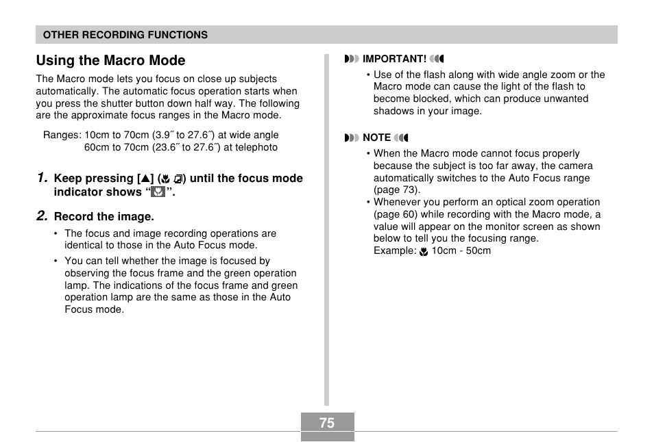Using the macro mode | Casio QV-R61 User Manual | Page 75 / 210