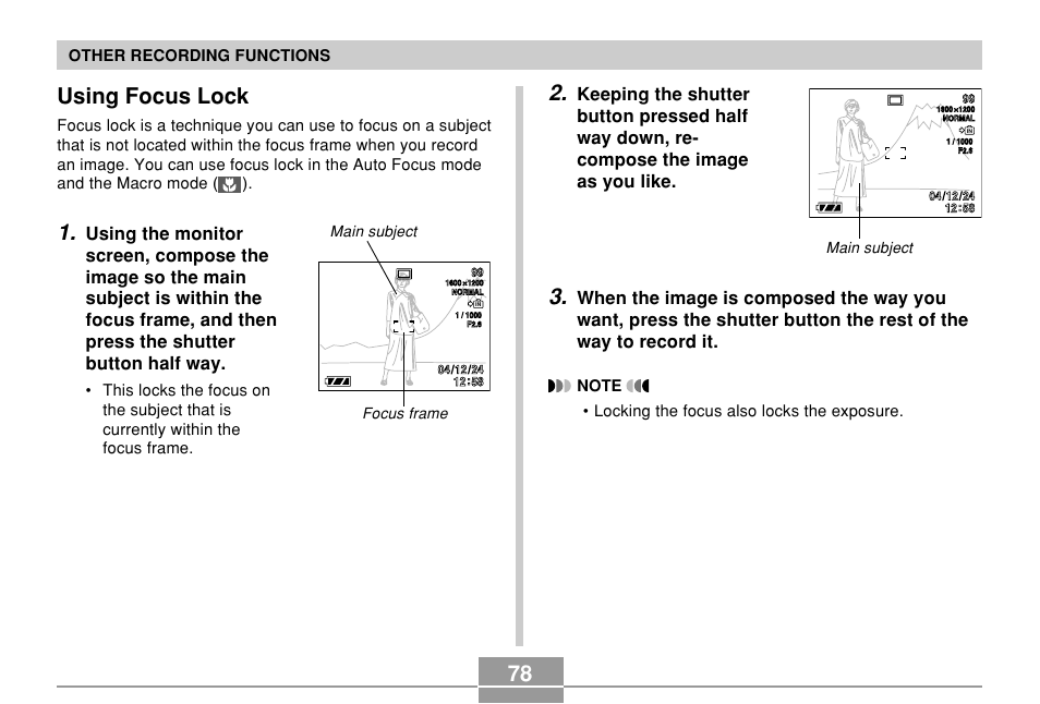 Using focus lock | Casio QV-R61 User Manual | Page 78 / 210