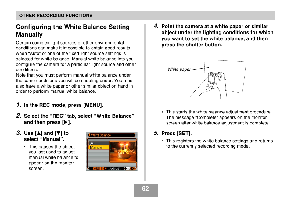 Configuring the white balance setting manually | Casio QV-R61 User Manual | Page 82 / 210