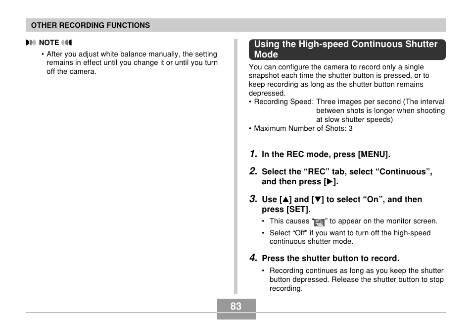 Using the high-speed continuous shutter mode | Casio QV-R61 User Manual | Page 83 / 210